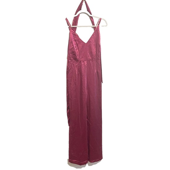 Aakaa Womens Maroon Jumpsuit M Wide Leg Satin V Neck Adjustable Strappy Zip NWT - Picture 1 of 8